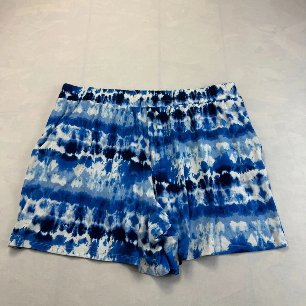 Terra & Sky Shorts Womens 2X Blue White Tie Dye Stretch Elastic Waist Drawstring